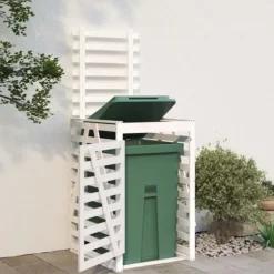 Skraldespandsskjuler i massivt fyrretræ - Udendørs affaldsskjuler | Størrelse: 84x90x128,5 cm | Farve: Hvid