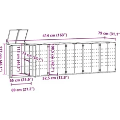 Skraldespandsskjuler i stål med 6 rum - Stabil og vejrbestandig | Størrelse: 414x79x117 cm | Farve: Antracit