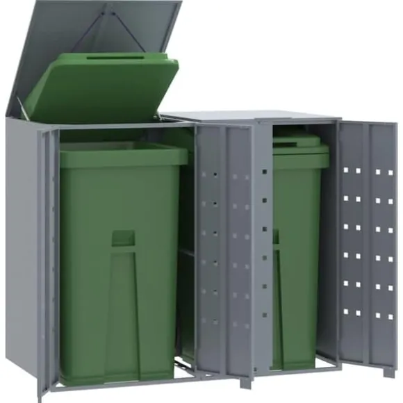 Skraldespandsskjuler i stål 2 rum - Vejrbestandig | Farve: Grå | Størrelse: 138x79x117 cm