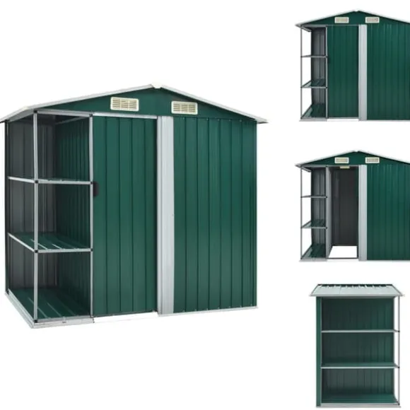 Skure & Redskabsskure - Living haveskur med reol 205x130x183 cm jern grøn