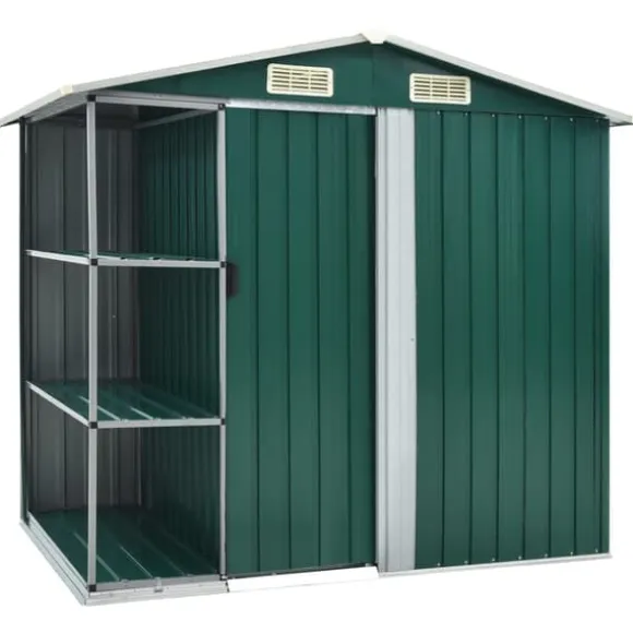Skure & Redskabsskure - Living haveskur med reol 205x130x183 cm jern grøn