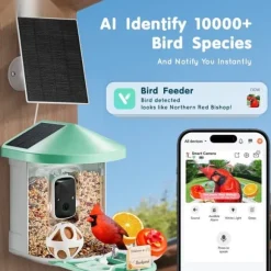 Smart Soldrevet Fugleføder med AI Kamera, Identificerer 10000+ Fuglearter, Automatisk Foderudlevering, Robuste Materialer.
