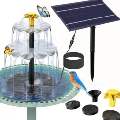 Solar springvand til haven – Fuglebad springvand med 3-lags vandfald, 4 dyser og DIY vandfunktion