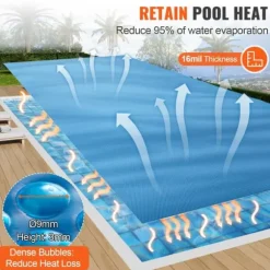 Solartæppe til swimmingpool, 24 x 12 ft rektangel, til både nedgravede og overjordiske pools, 16 mil blåt solar cover, energieffektiv opvarmning
