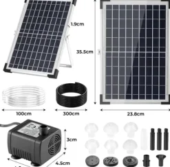 Solcelle fontænepumpe - Nedsænkelig havedamspumpe - 12 W - 500 l/t - 1 m slange - 9 dyser