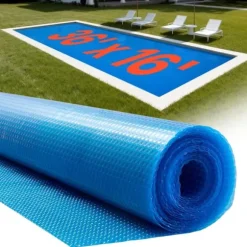 Solfolie til pool - Rektangulær bobleoverdækning - 10,97 x 4,88 m - 0,30 mm - PE-materiale - Varmeabsorberende og -bevarende - Blå