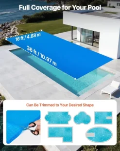 Solfolie til pool - Rektangulær bobleoverdækning - 10,97 x 4,88 m - 0,30 mm - PE-materiale - Varmeabsorberende og -bevarende - Blå
