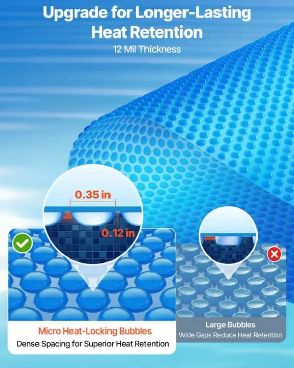 Solfolie til pool - Rektangulær bobleoverdækning - 10,97 x 4,88 m - 0,30 mm - PE-materiale - Varmeabsorberende og -bevarende - Blå