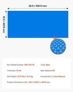 Solfolie til pool - Rektangulær bobleoverdækning - 10,97 x 4,88 m - 0,30 mm - PE-materiale - Varmeabsorberende og -bevarende - Blå