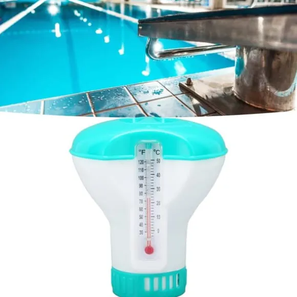 Spa Chemical Dispenser med termometer Återanvändbar Lake Blue Swimming Pool Chlorine Tablet Floater