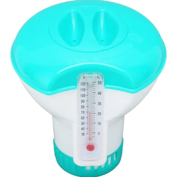Spa Chemical Dispenser med termometer Återanvändbar Lake Blue Swimming Pool Chlorine Tablet Floater