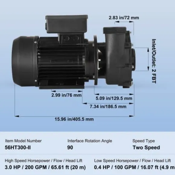 Spa pumpe, dobbelt hastighed, 56-ramme, 2" port, 90° roterende interface, TÜV certificeret