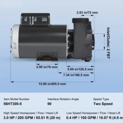 Spa-pumpe med 2 hastigheder, 1600W, 39 M³/h, 15 M/400W, 19 M³/h, anti-lækage, overophedningsbeskyttelse, til hjemme- og udendørs spa.
