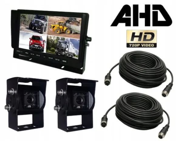 Sæt med 10'' skærm, 2 x SONY AHD bakkamera + kabler