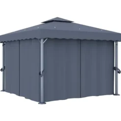 Stilfuld pavillon med gardiner og LED-lyskæder - Udendørshat med sollys | Farve: Antracitgrå | Størrelse: 3x3 m