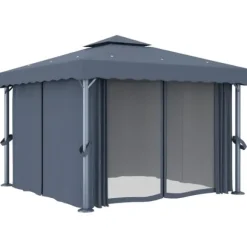Stilfuld pavillon med gardiner og LED-lyskæder - Udendørshat med sollys | Farve: Antracitgrå | Størrelse: 3x3 m