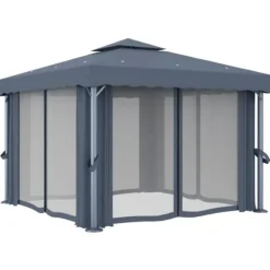 Stilfuld pavillon med gardiner og LED-lyskæder - Udendørshat med sollys | Farve: Antracitgrå | Størrelse: 3x3 m
