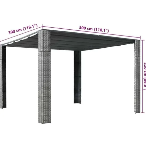 Stilfuld pavillon med tag i polyrattan - Udendørs skygge | Farve: Grå | Størrelse: 300x300x220 cm