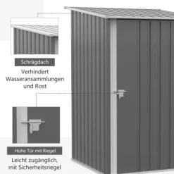 Stålskur 0,92 m², aflåseligt med pulpettag, 100×103×160 cm, grå