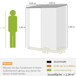 Stålskur 1,34 m², aflåseligt pulpettag, 161,5×94,5×196 cm, sort