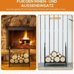 Stove Holz Regal til indendørs brug, 44,5 x 33 x 46,5 cm, med håndtag, til Brännholz, metal, sort