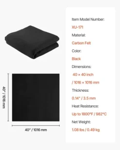 Svejsetæppe - Kulfiberfilt - Mål 1016 x 1016 mm - Varmebestandig op til 982°C - Flammehæmmende - Fortykket 3,5 mm - Brandsikker isolering