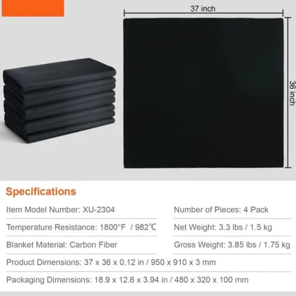 Svejsetæppe i kulstoffilt 4-pak, 37"x36", flammehæmmende, varmebestandigt op til 980°C, skærbar isoleringspude.