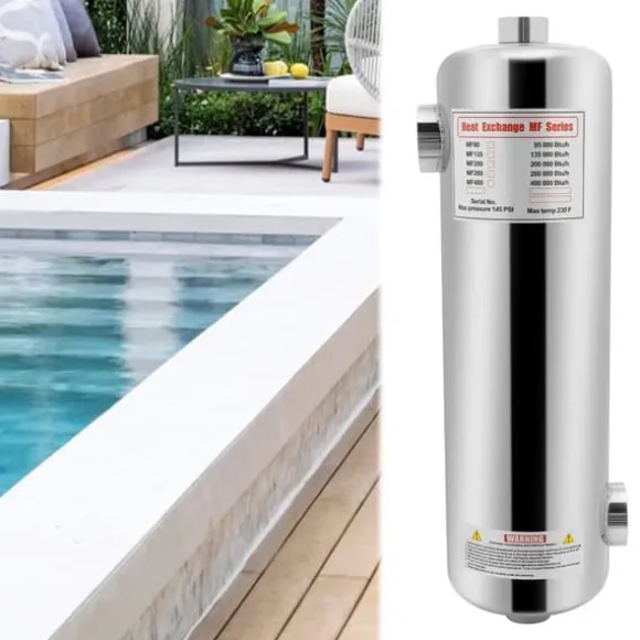 Svømmebadsvarmer, 60 KW effekt, 250 L/min svømmebadsvandstrøm, 30 L/min varmtvandsstrøm, maks. tryk 145 PSI, maks. temperatur 110℃ / 230 °F