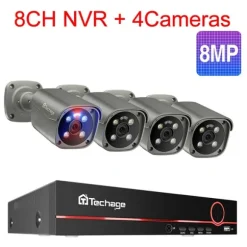 Techage Sikkerhedskamera System, 8 Kanal NVR, AI Menneske Detektion,8CH 4Stk 8MP Kamera, Ingen