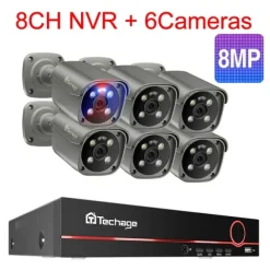 Techage Sikkerhedskamera System, 8 Kanal NVR, AI Menneske Detektion,8CH 6 stk 8MP kamera, 3T (udendørs sport)