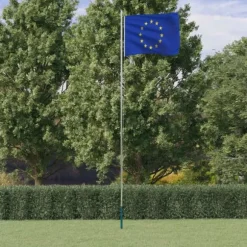Teleskopisk flagstang med Europaflag - 6,23 m aluminium | Farve: Blå-hvid | Størrelse: 6,23 m