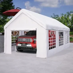 Teltgarage-carport 3x6 m vintersikker med rulledør til bil, SUV og aftagelige sidevægge