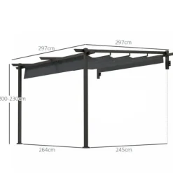Terrassepergola ca. 3x3 m, aluminium, vægmonteret, justerbart tag, mørkegrå