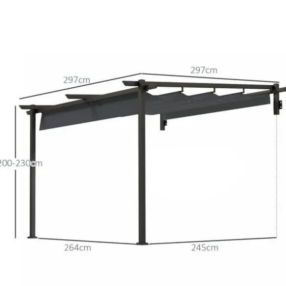 Terrassepergola ca. 3x3 m, aluminium, vægmonteret, justerbart tag, mørkegrå