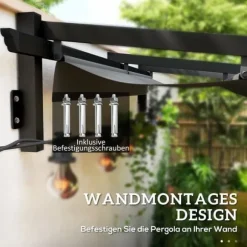 Terrassepergola ca. 3x3 m, aluminium, vægmonteret, justerbart tag, mørkegrå