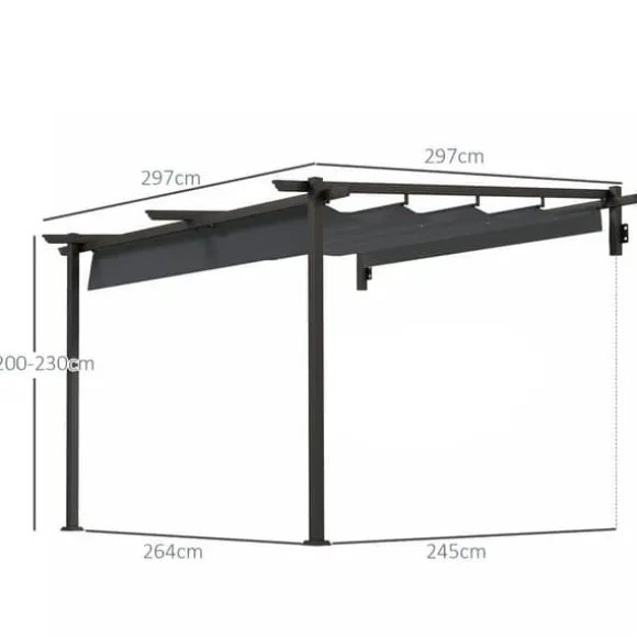 Terrassepergola ca. 3x3 m, aluminium, vægmonteret, justerbart tag, mørkegrå
