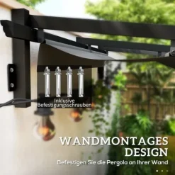 Terrassepergola ca. 3x3 m, aluminium, vægmonteret, justerbart tag, mørkegrå