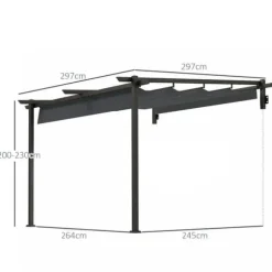 Terrassepergola ca. 3x3 m, aluminium, vægmonteret, justerbart tag, mørkegrå