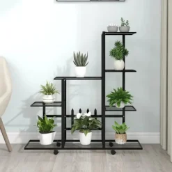 The Living Store blomsterstativ med hjul 94,5x25x92,5 cm metal sort - Planteborde