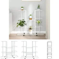 The Living Store blomsterstativ med hjul 94,5x24,5x91,5 cm jern hvid - Planteborde
