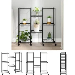 The Living Store blomsterstativ med hjul 83x25x83,5 cm jern sort - Planteborde