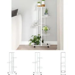 The Living Store blomsterstativ 5 niveauer med hjul 44x23x100 cm jern hvid - Planteborde