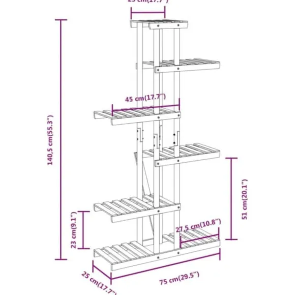 The Living Store blomsterstativ 175x25x140,5 cm massivt fyrretræ - Planteborde