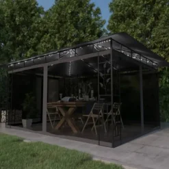 The Living Store pavillon med myggenet og LED-lyskæder 4x3x2,73 m antracitgrå - Festtelte & havepavilloner