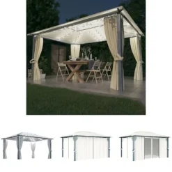 The Living Store pavillon med gardin + LED-lyskæder 400x300 cm aluminium creme - Festtelte & havepavilloner