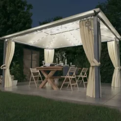 The Living Store pavillon med gardin + LED-lyskæder 400x300 cm aluminium creme - Festtelte & havepavilloner
