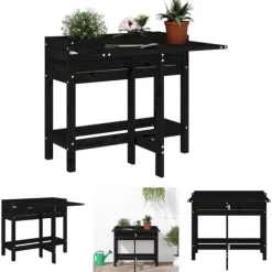 The Living Store plantekasse med foldbar bordplade massivt fyrretræ sort - Plantekrukker
