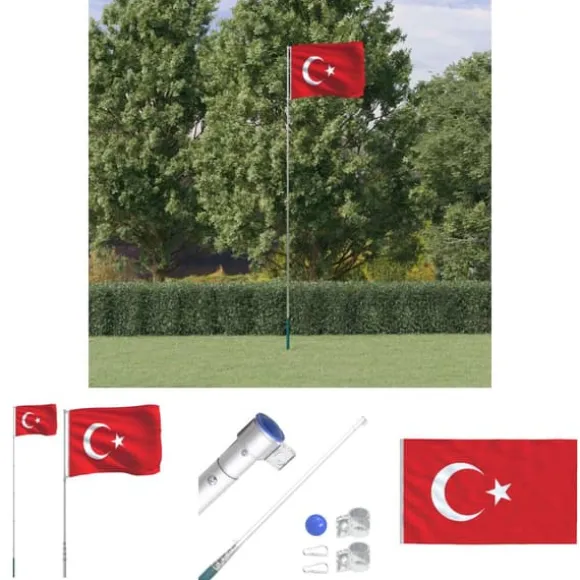 The Living Store Tyrkiet flag og flagstang 5,55 m aluminium - Flag & vimpler