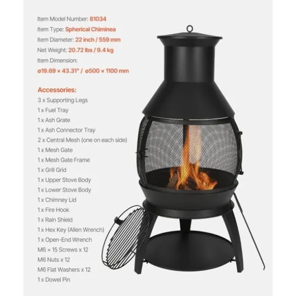 22-tommer Chiminea, Udendørs Jernpejs, med Grillnet & Skorsteensfrakke