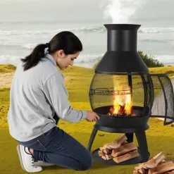 22-tommer Chiminea, Udendørs Jernpejs, med Grillnet & Skorsteensfrakke